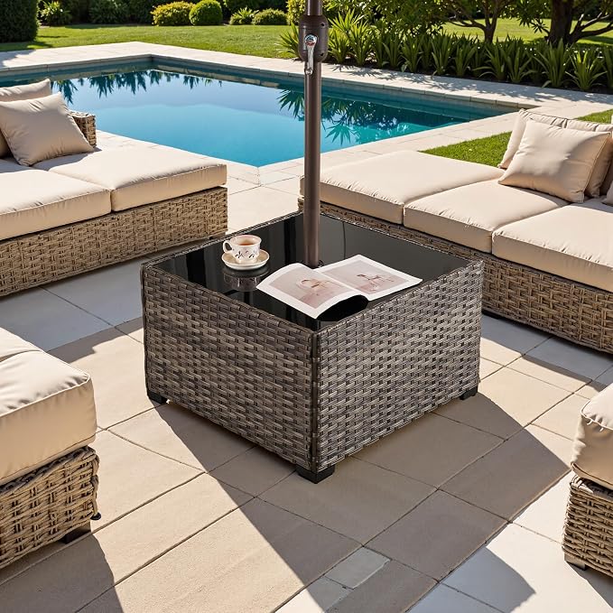 HOOOWOOO Outdoor Patio Coffee Table with Umbrella Hole, All-Weather Handwoven PE Wicker Rattan Square Bistro Side End Table with Storage Shelf