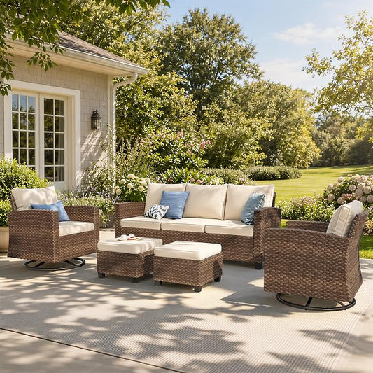 MIXPATIO Swivel Glider Patio Furniture Set, 5 Pcs Wicker Rattan Outdoor Conversation Set, 2 x Swivel Chairs, 1 x 3 Seater Sofa and 2 x Ottoman with 4" Thick Cushion, Beige