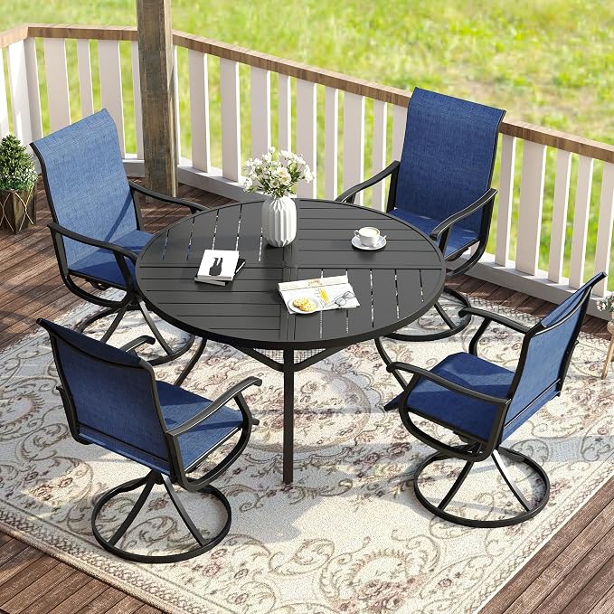 VICLLAX Patio Dining Set for 4, 5 Pieces All Weather Outdoor Dining Set - 40.6" Square Outdoor Table and 4 Patio Swivel Chairs for Lawn Garden, Black Tabletop and Blue Fabric