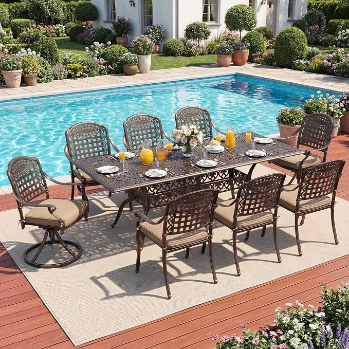 Redlife 9-Piece Cast Aluminum Outdoor Dining Set, 86" Rectangular Patio Table with Umbrella Hole, 2 Swivel Rocker Chairs & 6 Stackable Chairs with Cushion,Lattice Backrest, All-Weather Waterproof