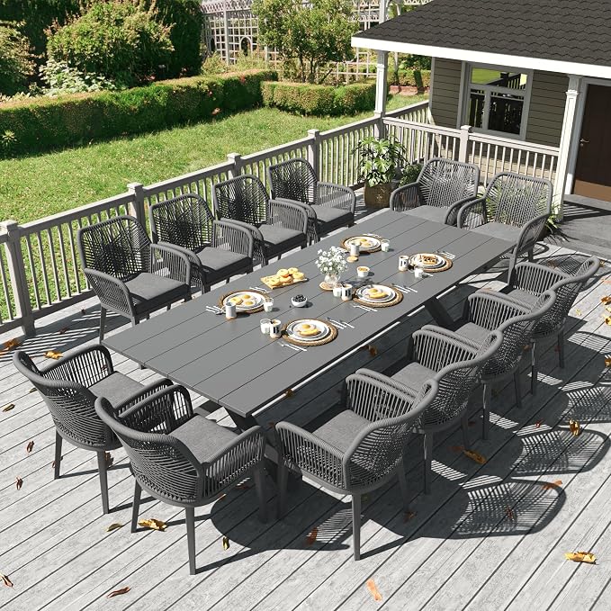 LayinSun Outdoor Dining Set for 12, 13 Pieces Patio Furniture Sets with Aluminum Dining Table and Rope Weave Chairs