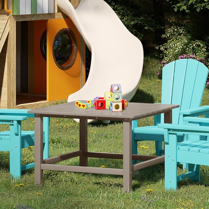 WestinTrends Malibu Kids Outdoor Patio Furniture HDPE 31" Wide Square Dining Table, Weathered Wood