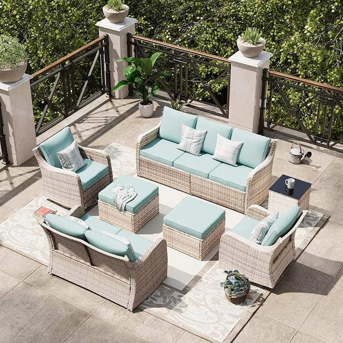 MEISSALIVVE 7 Pieces Patio Furniture Set with Swivel Chair, Wicker Patio Sofa, Rattan Conversation Set with Three-seat Sofa, 2 Ottomans and Loveseat for Lawn Backyard (Blue)