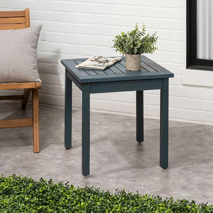 JONATHAN Y Archer 18" Square Acacia Wood Outdoor Side Table, Modern Glossy Nautical Blue Slatted Patio End Table for Porch, Poolside and Garden, Weather Resistant Accent Table END6000N
