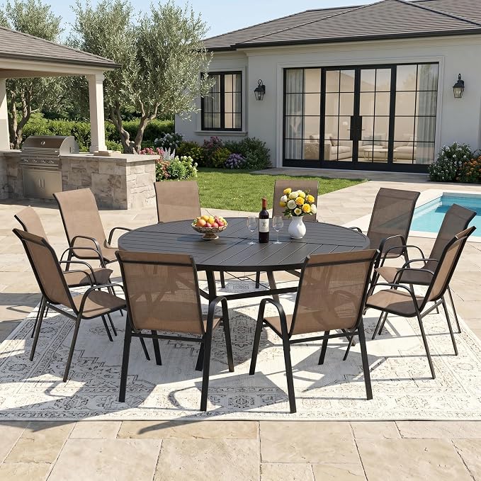 DIFY 11 Piece Outdoor Dining Set, 60" Black Round Metal Dining Table and Brown Textilene Stackable Patio Chairs, Patio Table and Chairs Set for 10 with Umbrella Hole for Backyard Garden Deck