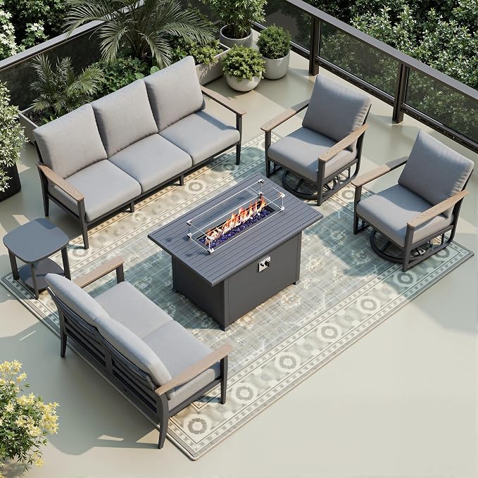Aluminum Outdoor Patio Furniture Set with Swivel Rocking Chairs 7-Seat, Patio Sectional Sofa Patio Conversation Set with 55,000 BTU Fire Pit Table High Backrest & Thickened Cushions, Grey