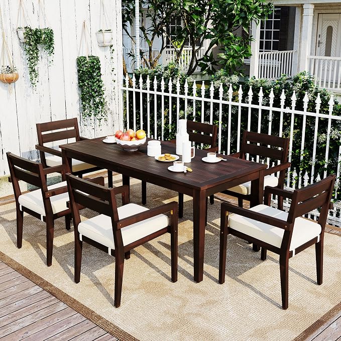 RUNNA 7-Piece Outdoor Dining Table Set with Acacia Tabletop and 6 Chairs Indoor and Outdoor Furniture Sets,for Patio, Balcony Or Backyard. (Dark Brown@015)