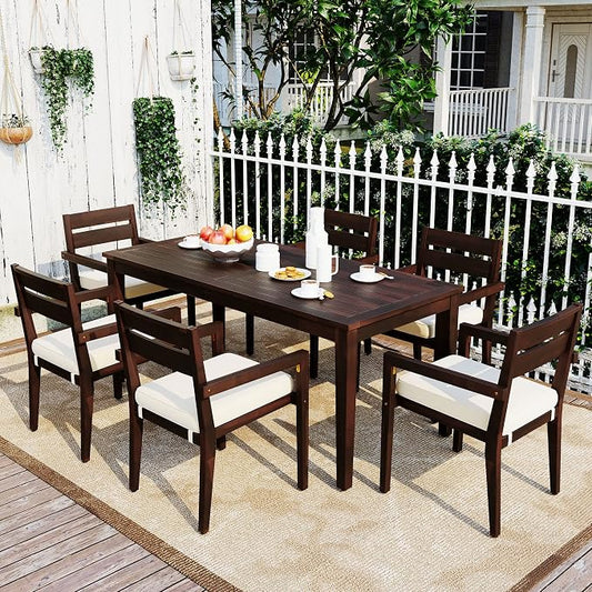 7 Piece Patio Dining Set, 70.9" Rectangular Acacia Wood Outdoor Dining Table & 6 Dining Arm Chairs with Cushion, Suitable for Outdoors and Indoors (Dark Brown@015)