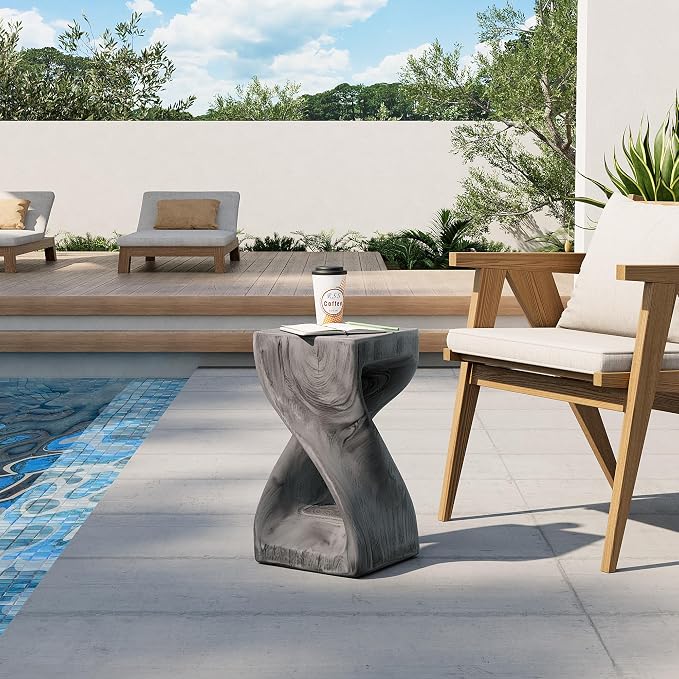 HOMPUS Outdoor Side Table w Twisty Shape, Concrete Accent End Table, Faux Wooden Patio Side Table Lightweight MgO, Modern Vintage Plant Stand Garden Tool for Indoor Outdoor Use, Color Grey