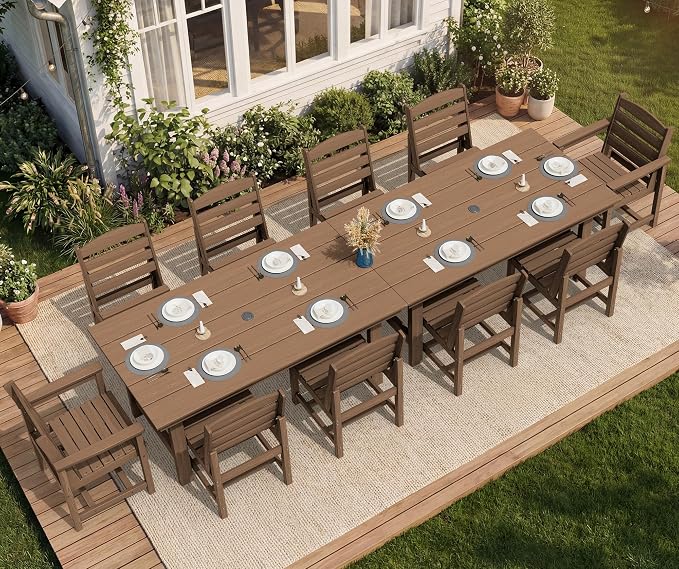 SERWALL 7-Pc HDPE Patio Dining Set, 1 Table & 6 Armless Chairs, Brown | HDPE Outdoor Dining Set with Rectangular Table & 6 Armless Chairs, All-Weather Resistant SERWALL Dining Set for 6