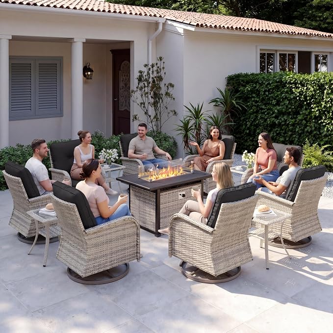 13Pcs Patio Rocking Swivel Chair with 55,000 BTU Fire Pit Table Outdoor Wicker Rattan Bistro Set with Tempered Glass Side Table, Outdoor Patio Furniture Set for Garden and Balcony, Dark Grey