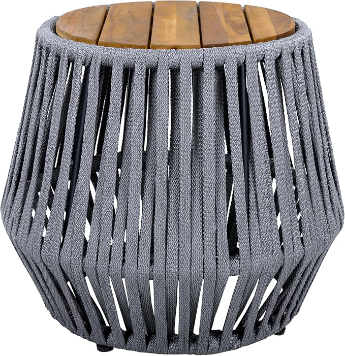 Outdoor Side End Table for Patio with Rope and Acacia Wood, Small Round Patio Table, Outside Boho Accent Table for Backyard Balcony Gazebo Party, Gray