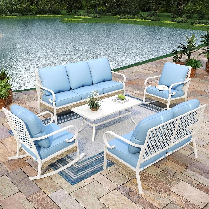 MIXPATIO 5 Piece Patio Furniture Set, 2 x Rocking Chair, 1 x 2-Seat Sofa, 1 x 3-Seat Sofa with Marbling Coffee Table, All Cushioned 7 Seats Outdoor Conversation Set for Lawn Garden Backyard, Blue