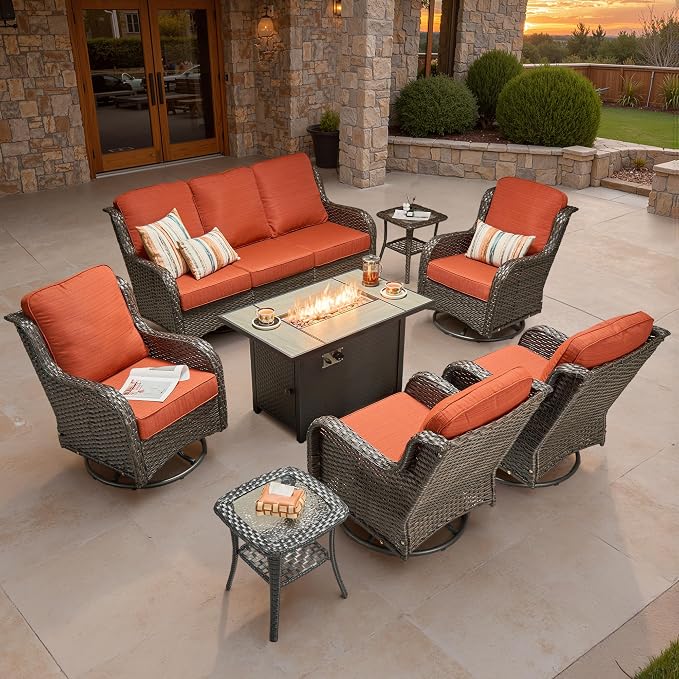 ovios 8-Piece Patio Furniture Set with Swivel Chairs Side Table, Outdoor Wicker Sofa with 42" Fire Pit Table, High Back Couch Modern Conversation Sets, Brown/Orange Red