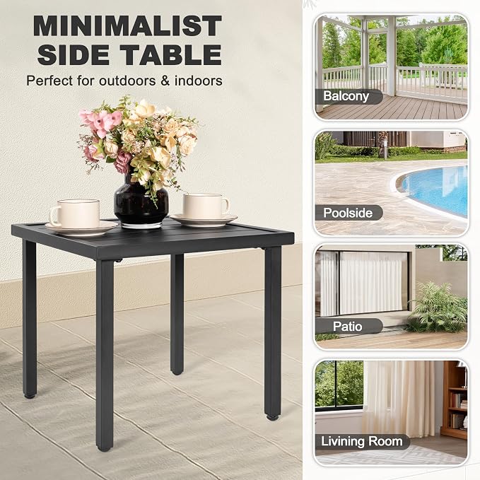 NUU GARDEN Outdoor Patio Side Table, Metal Side Table, Black | Features a slatted tabletop, adjustable feet and powder-coated metal construction for outdoor use and easy maintenance.