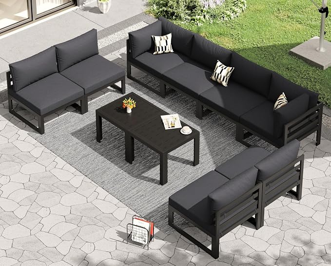 RADIATA 10 Pcs L-Shaped Contemporary Aluminum Outdoor Furniture Set, 29" Deep Wide Large Couch Set, 500 lbs High Weight Capacity Modular Patio Sectional Sofa with Side Table for Garden Yard, Dark Gray