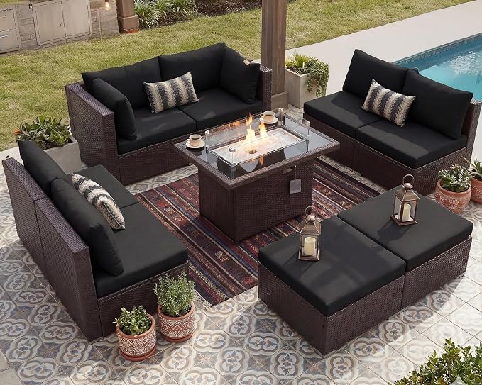 BULEXYARD 9 Piece Highback Patio Furniture Set with Fire Pit Table, Modern Modular Outdoor Sectional Couch Sofa with Ottoman, 8-Person Backyard Seating for Outside, Deck, Brown Wicker & Black Cushion