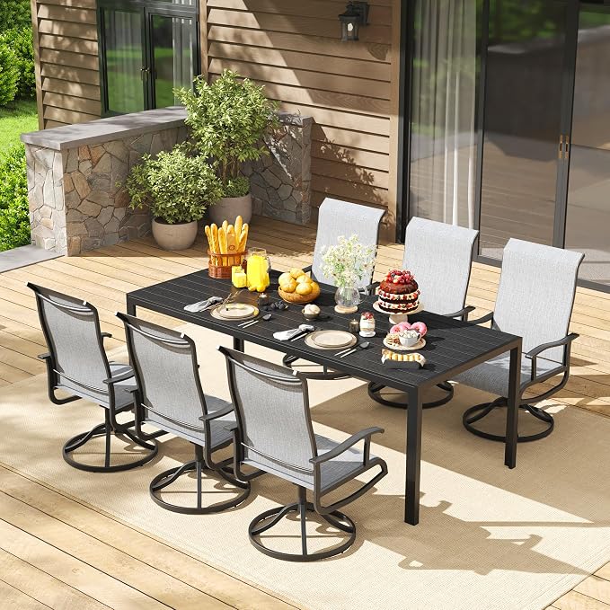 PIZZELLO 7 Piece Patio Dining Set with 6 Outdoor Swivel Dining Chairs and 83" Rectangular Dining Table, All Weather Textilene Patio Chair and Metal Table for Deck Lawn Garden