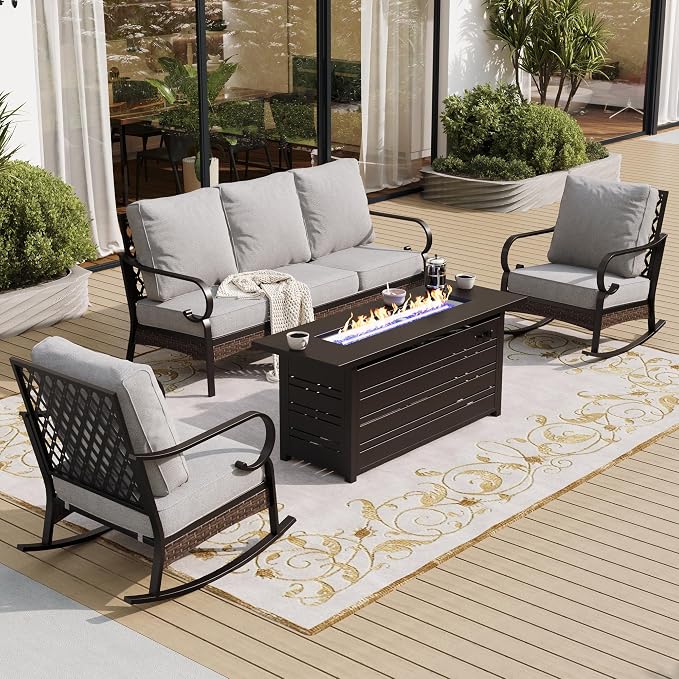 SUNSHINE VALLEY 4 Piece Black Metal Outdoor Patio Furniture Sets with Firepit Table, Patio Conversation Sets 1 3-Seater Sofa, 2 Rocking Sofa with 5.75" Cushion Backyard Furniture for Deck, Light Gray