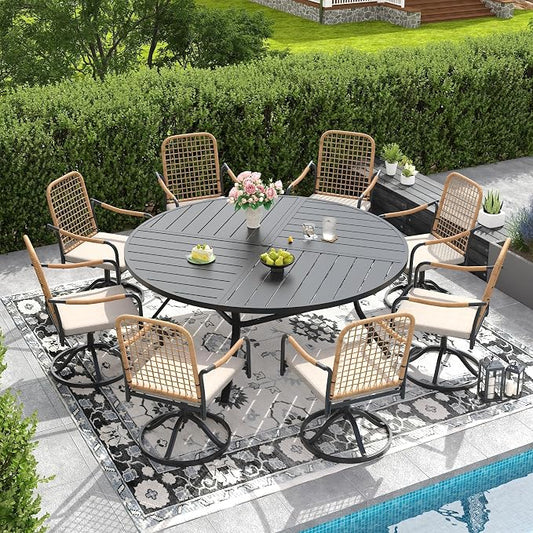 DIFY 9 Pieces Outdoor Dining Set, Metal Patio Table and Chairs Set for 8, 63" Round Dining Table with Umbrella Hole & Wicker Swivel Patio Chairs with Cushions, Black Tabletop