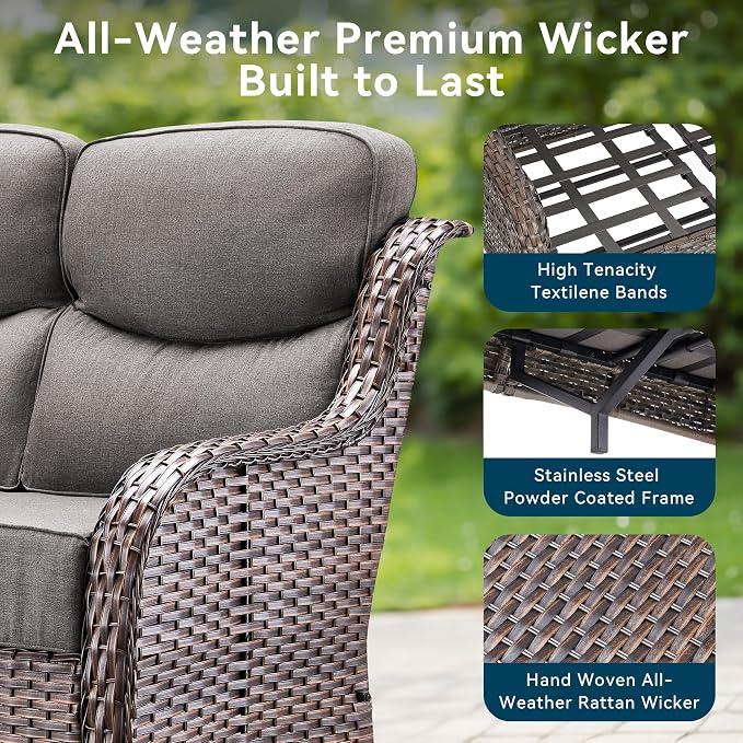 Luxury Outdoor Patio Furniture Set-Wicker High Backrest 3-Seat Patio Sofa with Comfy 6" Cushion, Rattan Couch with Deep Seat All-Weather Patio Conversation Set for Deck Backyard Garden(Brown/Gray)