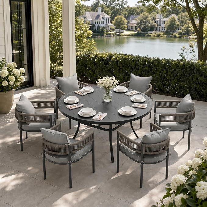 VICLLAX Patio Dining Set, 53" Black Table & 6 Chairs with Grey Cushion | Outdoor Table and Chairs Set of Round Metal Patio Table, Outdoor Dining Chairs with Metal Frame, Garden Deck Porch