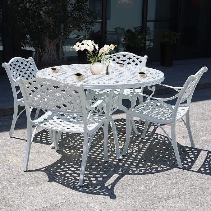 48.23" Patio Dining Table, All-Weather Cast Aluminum Table with 2.36" Umbrella Hole, Patio Furniture Table, Outdoor Dining Table for Backyard and Poolside