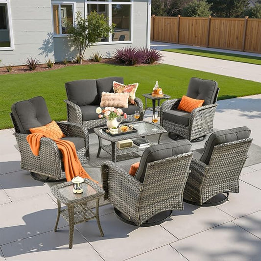 8 Pieces Patio Conversation Sets,Patio Furniture Set with Swivel Rocking Chairs,Coffee Table, Side Table, All Weather Rattan Wicker Outdoor Sectional Furniture Set for Porch Balcony Backyard Black
