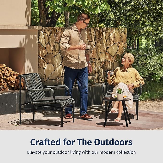 East Oak 3-Piece Patio Furniture Set, Outdoor Bistro Set with PE Rattan Wicker Wide Chairs, Soft Pads & Coffee Table, Modern All-Weather Wicker Patio Set for Garden and Porch, Misty Grey