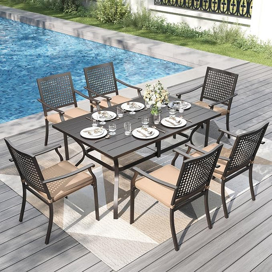 PHI VILLA Outdoor Dining Set for 6, 60" Metal Table & Chairs w/Cushions | 7 pcs black wrought iron furniture set w/ umbrella hole. All weather for patio, deck, yard, porch