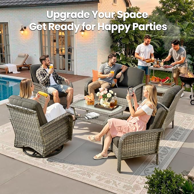 7 Piece Wicker Patio Furniture Set with Swivel Chairs, Black | High Back Swivel Rocker Chairs, Outdoor Loveseat Sofa, Coffee Table, Rattan Conversation Set, Porch Deck Backyard Poolside