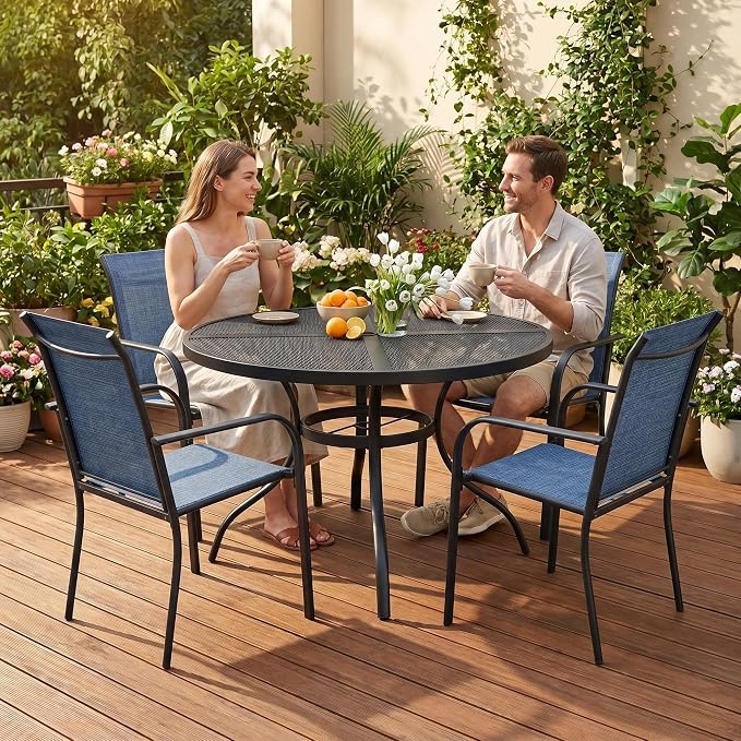 Round Patio Dining Table for 6, 47 Inch, Black Electroplated Steel, with Umbrella Hole, for Backyard, Porch, Deck