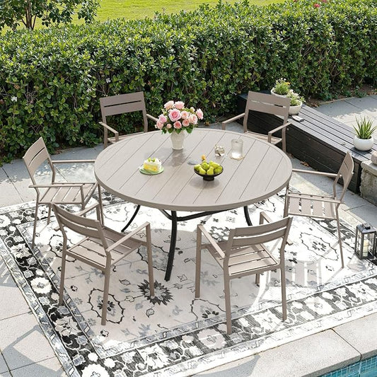 DIFY 7 Piece Outdoor Patio Dining Set for 6, Patio Table and Chairs Set with Umbrella Hole, 50" Round Dining Table and Stackable Metal Chairs for Backyard Garden Poolside, Grey Wood-Like & Sandshell