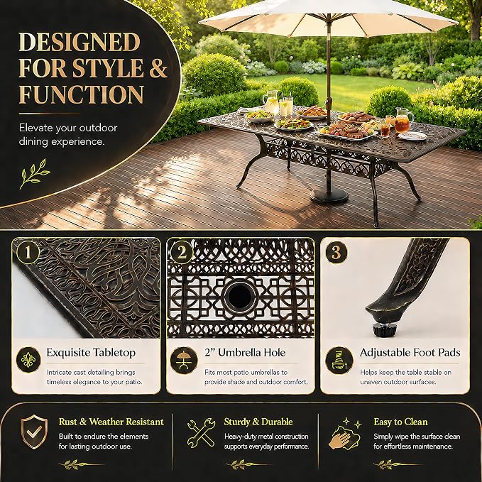 9-Piece Cast Aluminum Outdoor Dining Set Retro Patio Dining Set for 8 Includes 86.6’’ Rectangular Table and 8 Chairs with Removable Cushion and Umbrella Hole for Patio Deck Garden Porch