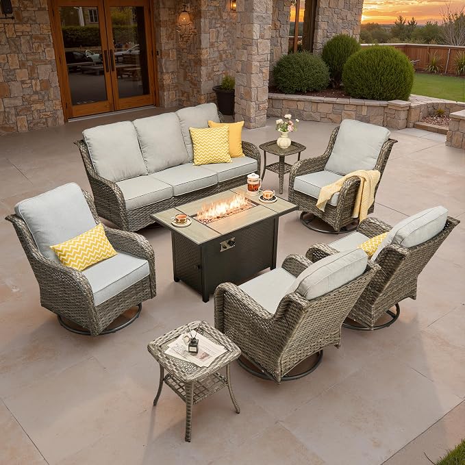 ovios 8-Piece Patio Furniture Set with Swivel Chairs Side Table, Outdoor Wicker Sofa with 42" Fire Pit Table, High Back Couch Modern Conversation Sets, Grey/Grey