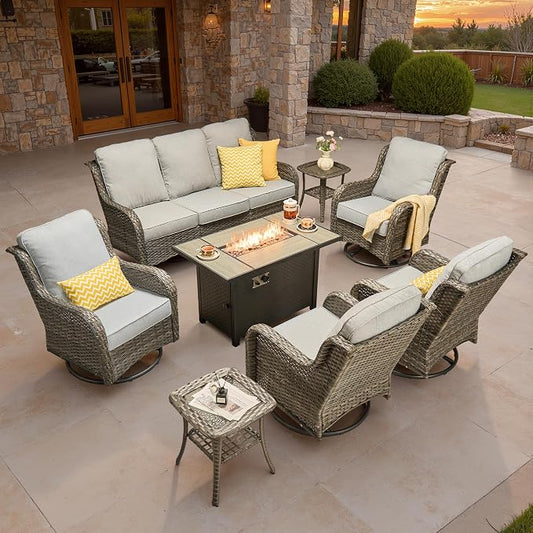 ovios 8-Piece Patio Furniture Set with Swivel Chairs Side Table, Outdoor Wicker Sofa with 42" Fire Pit Table, High Back Couch Modern Conversation Sets, Grey/Grey