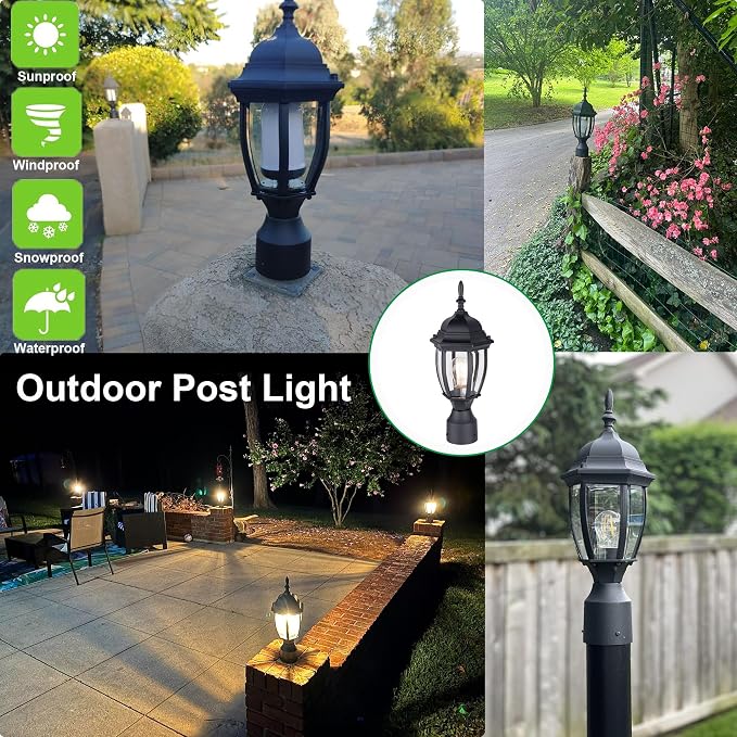 Outdoor Post Light, Rustproof Aluminum Pole Lamp, Black | Exterior Lamp Post Light Fixture for Garden, Yard, Pathway, Waterproof, Glass, E26 Base, Max 60W, 2 Pack