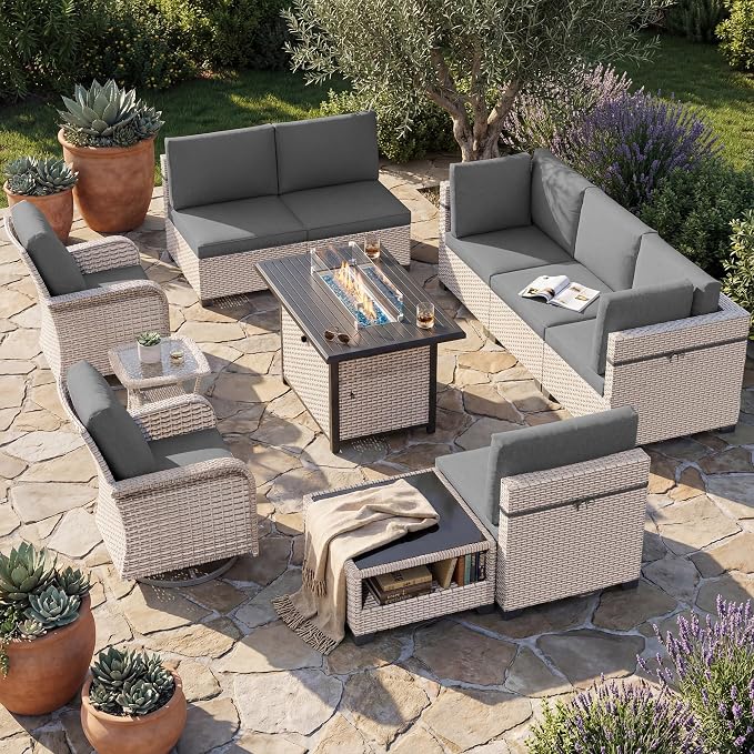 Patio Furniture Set, 11-Piece Outdoor Sectional Sofa with Swivel Rocker Chairs & Fire Pit Table, Wicker Patio Conversation Set with Coffee Table, Gray Cushions