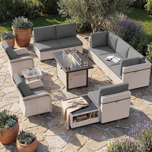 Patio Furniture Set, 11-Piece Outdoor Sectional Sofa with Swivel Rocker Chairs & Fire Pit Table, Wicker Patio Conversation Set with Coffee Table, Gray Cushions