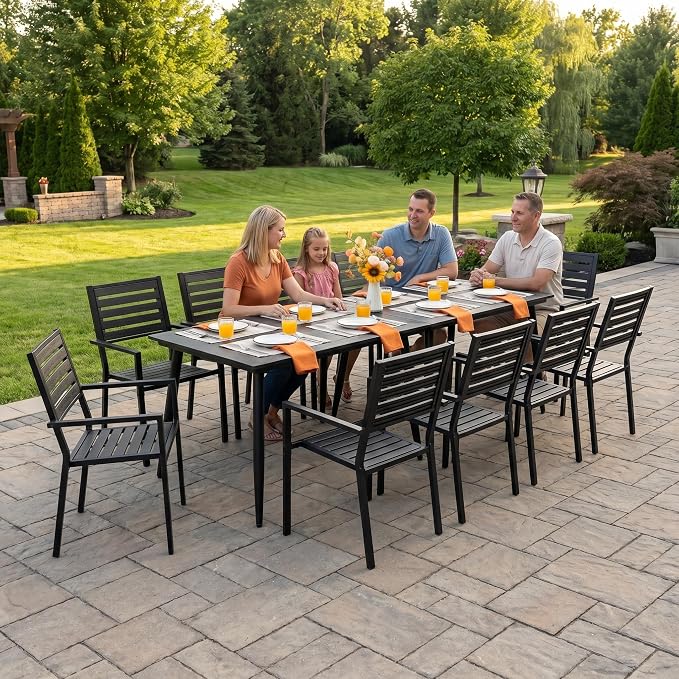 12 Piece Outdoor Dining Set All Weather Patio Dining Set with HDPE Wood-Like Tabletop, Rustproof Metal Outdoor Table and Chairs with 10 Stackable Chairs for Garden Backyard, Black