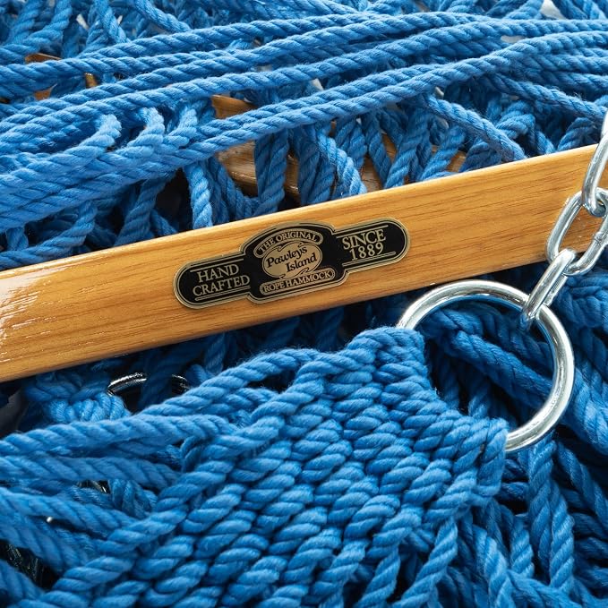 Original Pawleys Island Single Coastal Blue DuraCord Rope Hammock – 12 ft. x 50 in., 1-Person, 450 lb Capacity, Oak Spreader Bar, Zinc-Plated Hardware, Handcrafted in the USA