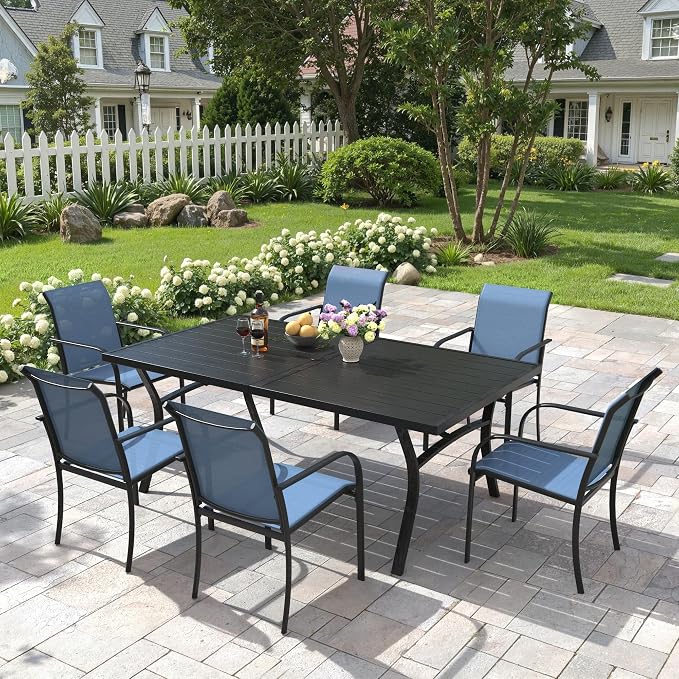 7 Pieces Patio Dining Set, 63" Rectangular Dining Table with Umbrella Hole, 6 Stackable Textilene Fabric Chairs, Metal Structure for Patio, Porch, Garden(Black Table, Blue Chair)