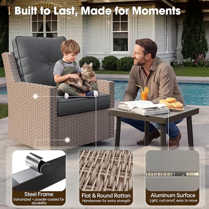 NestNook 4 Piece Patio Furniture Set, Outdoor Rattan Swivel Glider Chairs Set of 2 with 3-Seater Sofa and Coffee Table Wicker Patio Conversation Set for Backyard Balcony & Poolside（Dark Grey）