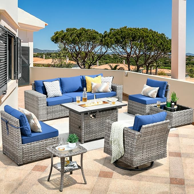 HOOOWOOO Outdoor Patio Sectional Furniture Sofa Set with Large Fire Pit Table,9 Piece Modern Wicker Couch with Swivel Chair,Modular Conversation Seating Set with Widened Armrest(Navy Blue)