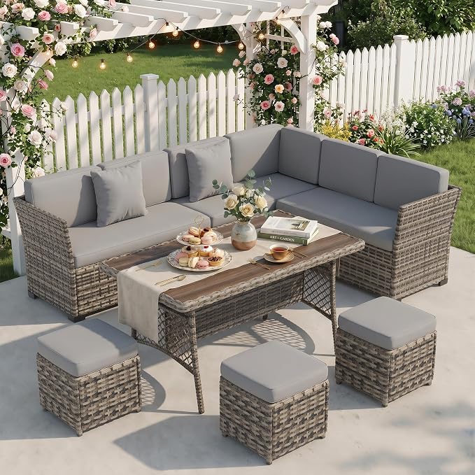 Patio Furniture Set, 7 Pieces Outdoor Dining Sets, All Weather Rattan Conversation Set, Outdoor Dining Sectional Sofa with Large Dining Table, Ottoman (White Black-Light Grey, A-7 Pieces)