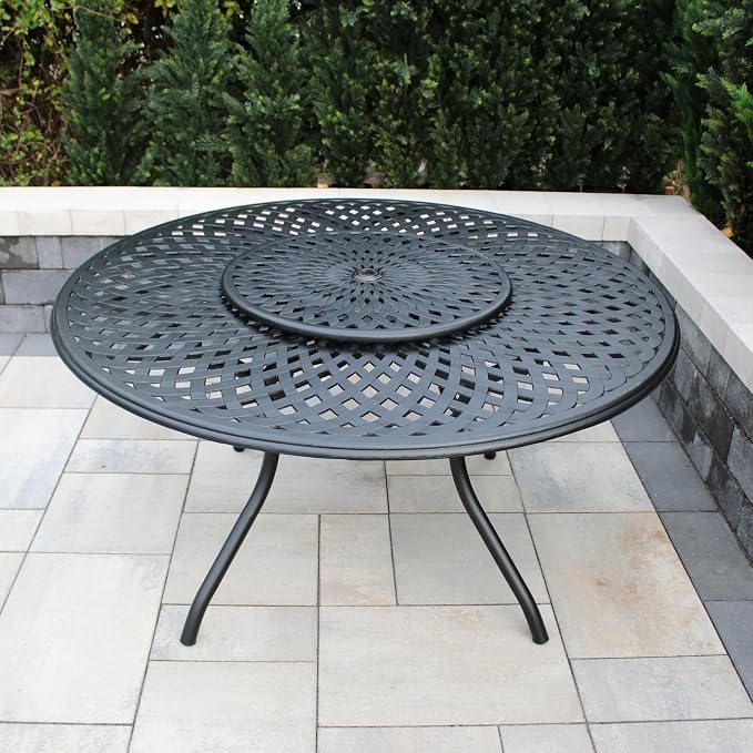 Oakland Living Contemporary Modern Outdoor Mesh Aluminum 59-in Large Black Round Patio Dining Table with Lazy Susan