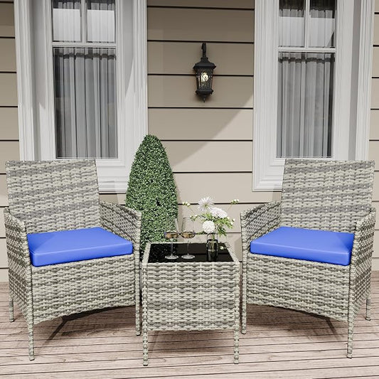 GarveeLife 3-Piece Patio Furniture Set, Rattan Outdoor Furniture with 2 Chairs & Coffee Table, Modern Outdoor Seating Conversation Bistro Set for Garden Backyard Porch (Grey and Blue)