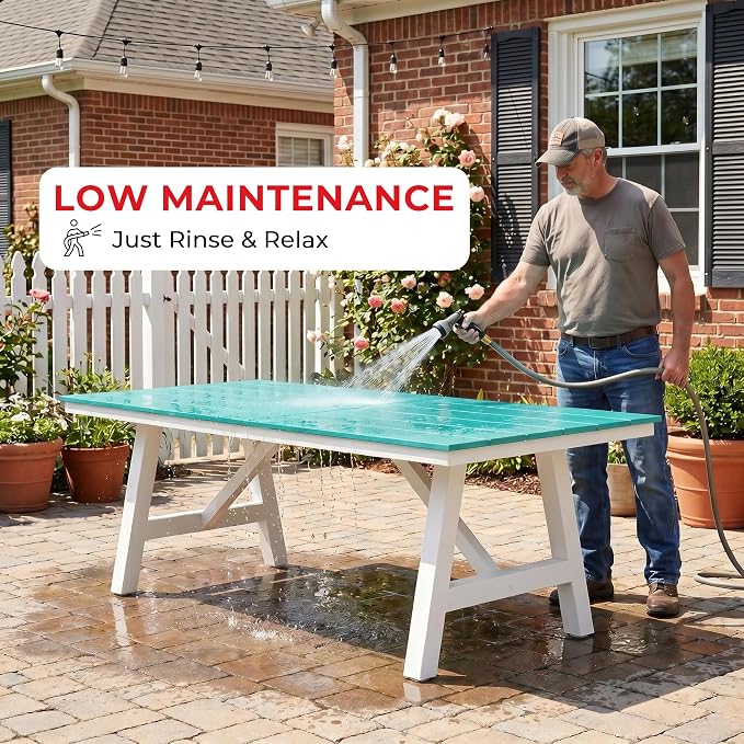 Costaelm Rectangle Patio Table, 8-Person Backyard Table 90" HDPE Dining Table with Umbrella Hole and Metal Frame for Outside, Garden, Poolside, Deck, Porch, Balcony, Turquoise