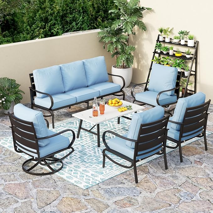 PHI VILLA 6 PCS Patio Furniture Sets with 1 x 3-Seat Bench, 2 x Swivel Cushioned Sofa Chairs, 2 x Leg Sofa & 1 x Coffee Table, Outdoor Conversation Set for 7 Person, Light Blue