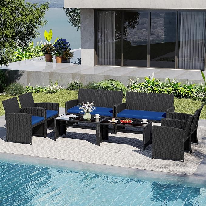 Tangkula 8 Piece Patio Wicker Furniture Set, Outdoor Heavy Duty Rattan Cushioned Chairs, Loveseat and Tempered Glass Coffee Table, for Backyard, Balcony, Poolside